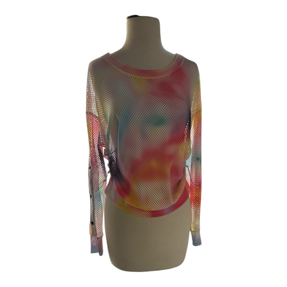 Lucky In Love Techno Ombre Mesh Sweatshirt Small Rainbow Cinch Sides Long Sleeve - Picture 4 of 9